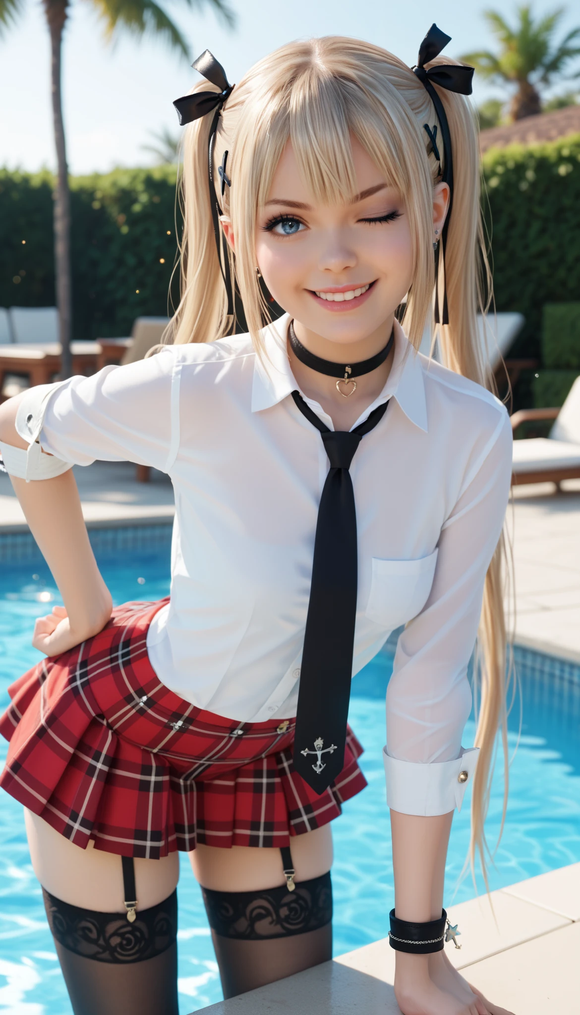 18 years old, mature, marie rose, 1girl, small , black choker, white shirt, necktie, plaid skirt, wristband, detached sleeves, black thighhighs, garter straps, one hand on hip, leaning forward towards viewer, leaning forward, cowboy shot, smirk, background detail enhancer, beautiful outdoor poolside background, sparkles, wink, one eye closed 