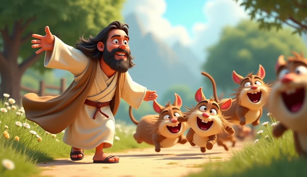 you will be able to create an image of Jesus as a child running after sheep that are running away