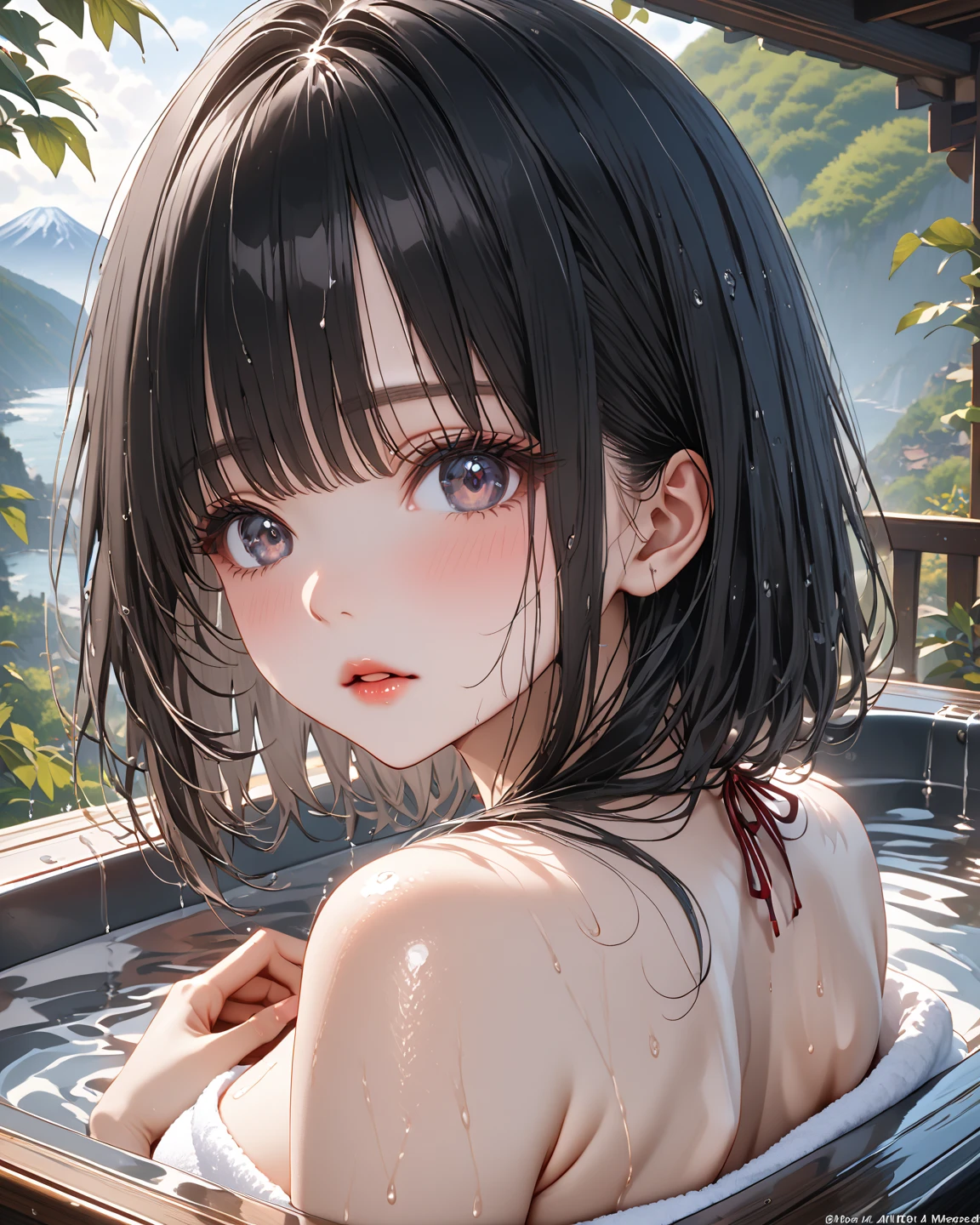 (hot spring, big, black hair, blush, sweat, scenery, night, indirect lighting, bath