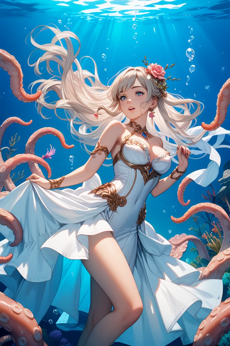 A peerless beauty swimming in the sea，mermaids，Shells cover the chest，Extra-long hair，(White skin of the，Unbelievably huge)，Timid expression，beautiful fish tail，Perfect flesh，((tmasterpiece))，(Best quality at best)，(Highest definition)