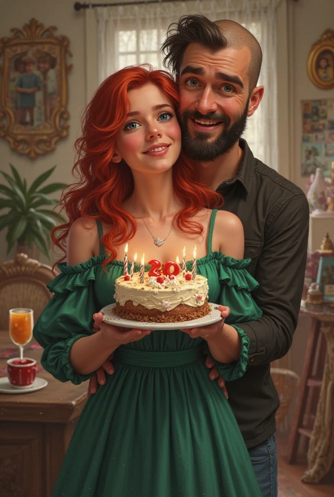 Young man wearing thin-framed round glasses, red hair, ((totally naked)), (big chest, 18-year-old girl, beautiful)), with large breasts. (Arms behind the neck). Photorealistic face, realistic, realistic eyes, smile. Themed kitchen background with lots of birthday cakes. ultra realistic model.