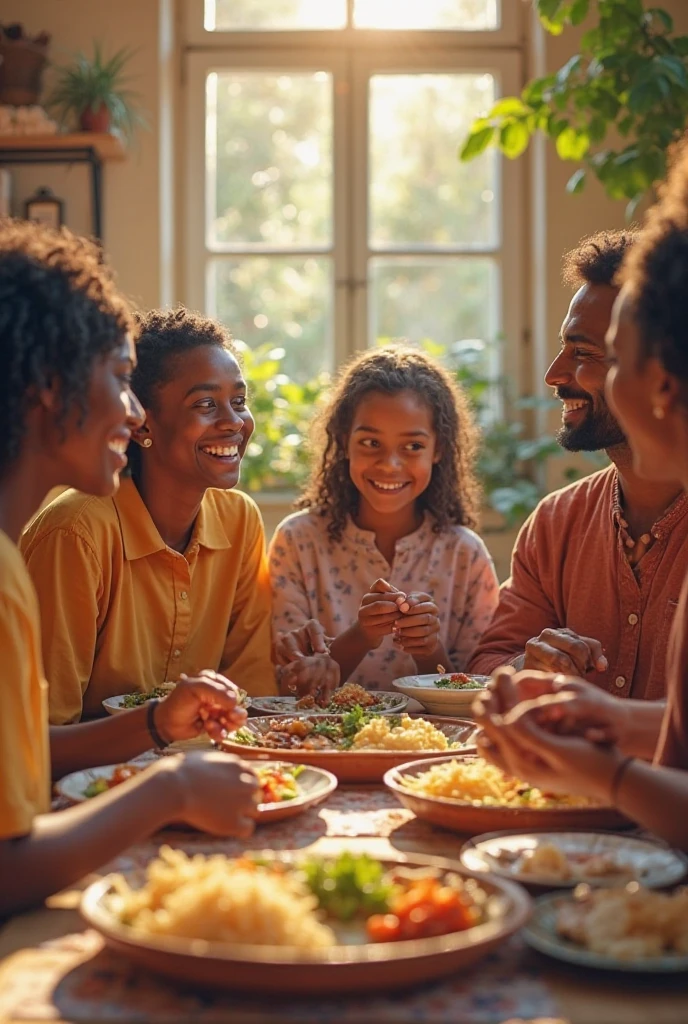 scene: A family enjoying a healthy meal together.
