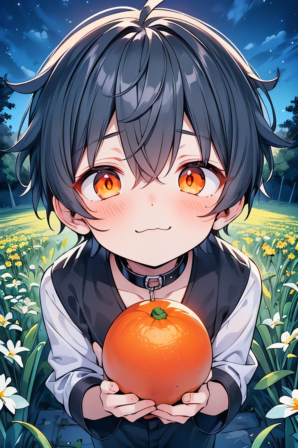 ((1-boy :1.3)),((handsome:1.2)),((adult male:1.15)),((Alone:1.1)),short hair,Red hair,((mandarin orange eyes:1.25)),skinny body,((Peeking out from the soil:1.25)),((eerily glowing eyes:1.3)),((:3:1.25)),((A filled with pleasure:1.1)),((ecstatic expression:1.1)),,((Evil smile:1.35)),((glassy eyes:1.15)),((Horsetail has:1.2)),((pet collar :1.1)),((wrist cuffs:1.05)),(looking up:1.25),((dark skin body:1.0)),((meadow with flowers:1.15)),close up mouth,(Looks embarrassed:1.25),((signs of spring:1.1))