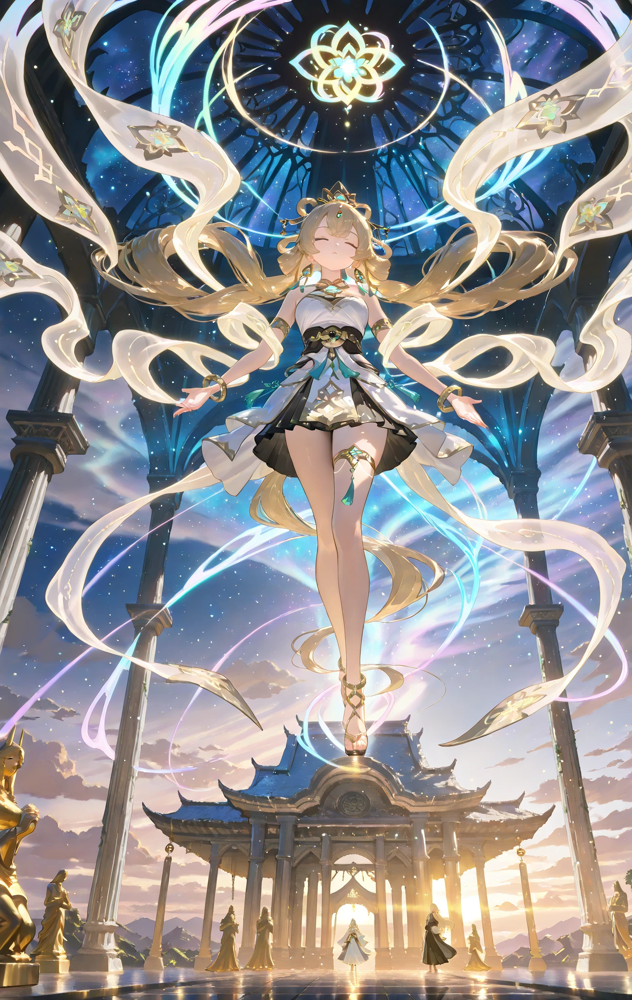 （best qualtiy，detailed back ground，A high resolution，absurderes，full bloom，messy  hair，shinny hair，Exposure to light，Bright pupils）， 1girll，Focus on the legs，receiver，long whitr hair，silber hair，large_breasts，action_pose，standing on your feet，Behind the arm，stage，spotlight lights，glass ceilings， God and（genshin impact），hair_ornament，Hair is more than one eye，designer dress，dutch_angle，