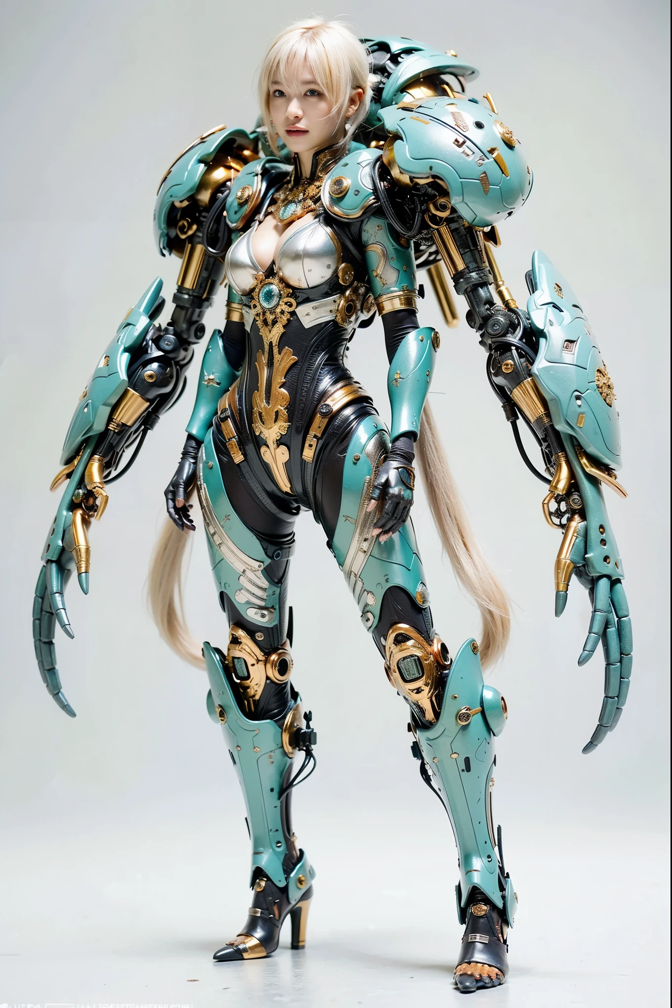 (Completely live action:1.37), (ultimate realistic textures:1.37), (masterpiece, best quality:1.2), (8k uhd, 16k, 32k, ultra high res), ultimate realistic skin, ultimate realistic photo, superrealism, (photorealistic:1.37), (RAW photo), extremely realistic, (ultimate realistic all details), (ultimate realistic all textures), ultimate realistic lighting, ultimate realistic shadow, (japanese girl:1.5), ((young face)), smiling, happy, ultimate realistic face, ultimate realistic skin, ultimate realistic eyes, ultimate realistic background, ultimate realistic detail up, kkw-ph1, ((ultimate intricate details, mechanical armor, glossy texture, metallic texture, white yellow hair))
