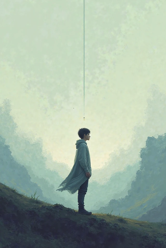 A boy walking on the rope that is hanging between the Earth and Moon