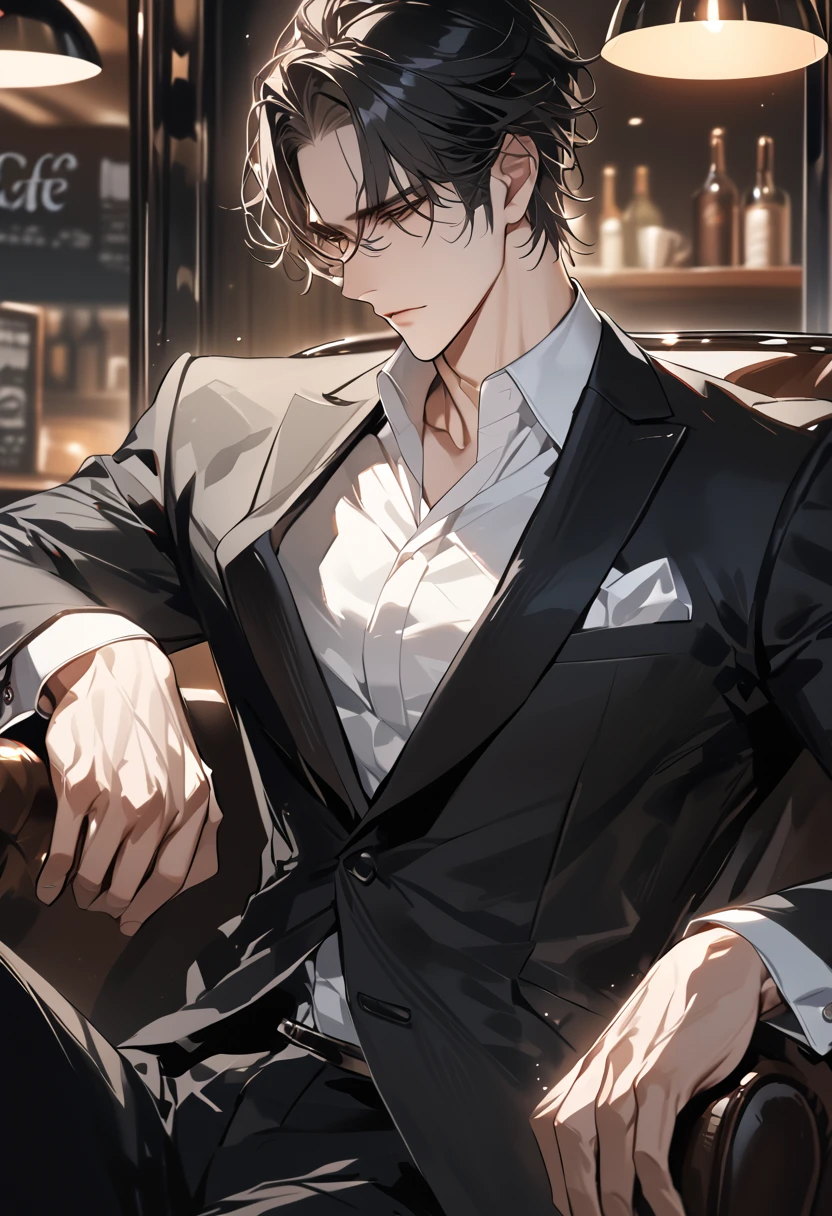 High end jazz bar, high resolution, extra sharp, 8ก, Masterpiece, orange light,man,short hair,black hair,handsome,face details,whiskey glass in hand,left hand,Wear a ring on the left ring finger.,wedding ring, drink, black suit,handsome,manอายุ 30 ปี.