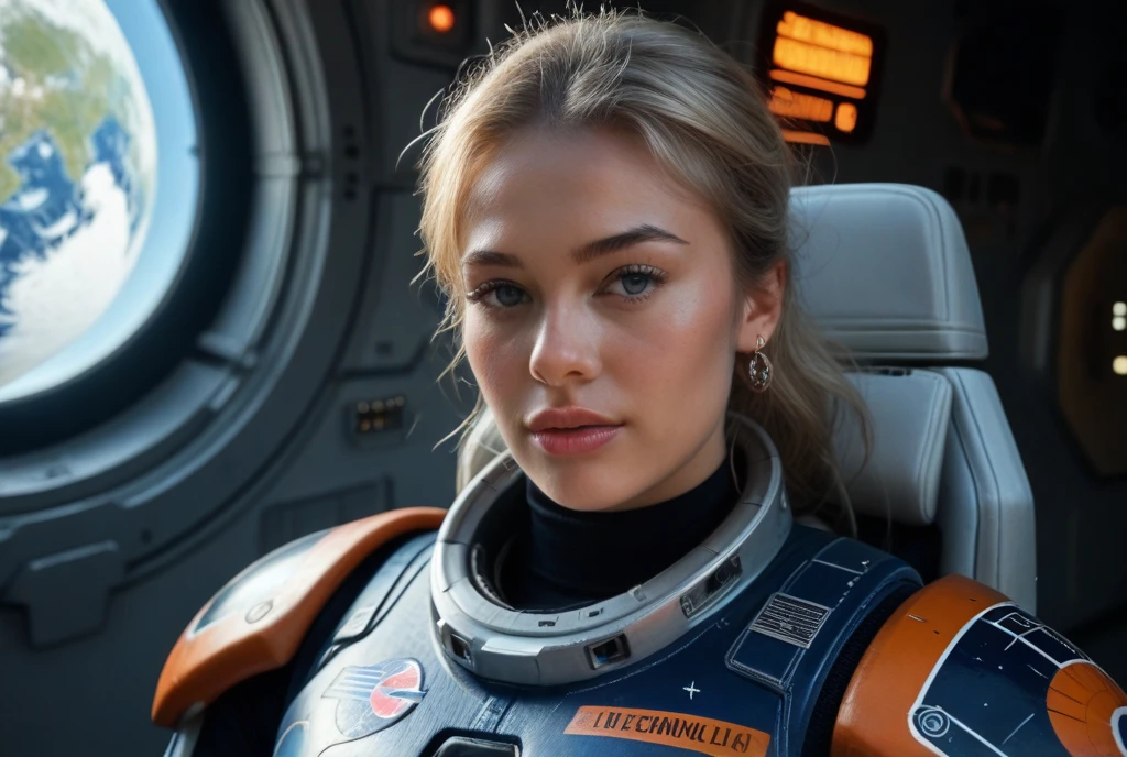 OliviaHolt,<lora:OliviaHoltSDXL:1>,photo,detailed background, stunning beauty, high quality photo, perfect composition, perfect details and textures, highly detailed, front view, looking at camera, perfect lighting, with an astronaut suit in the space station