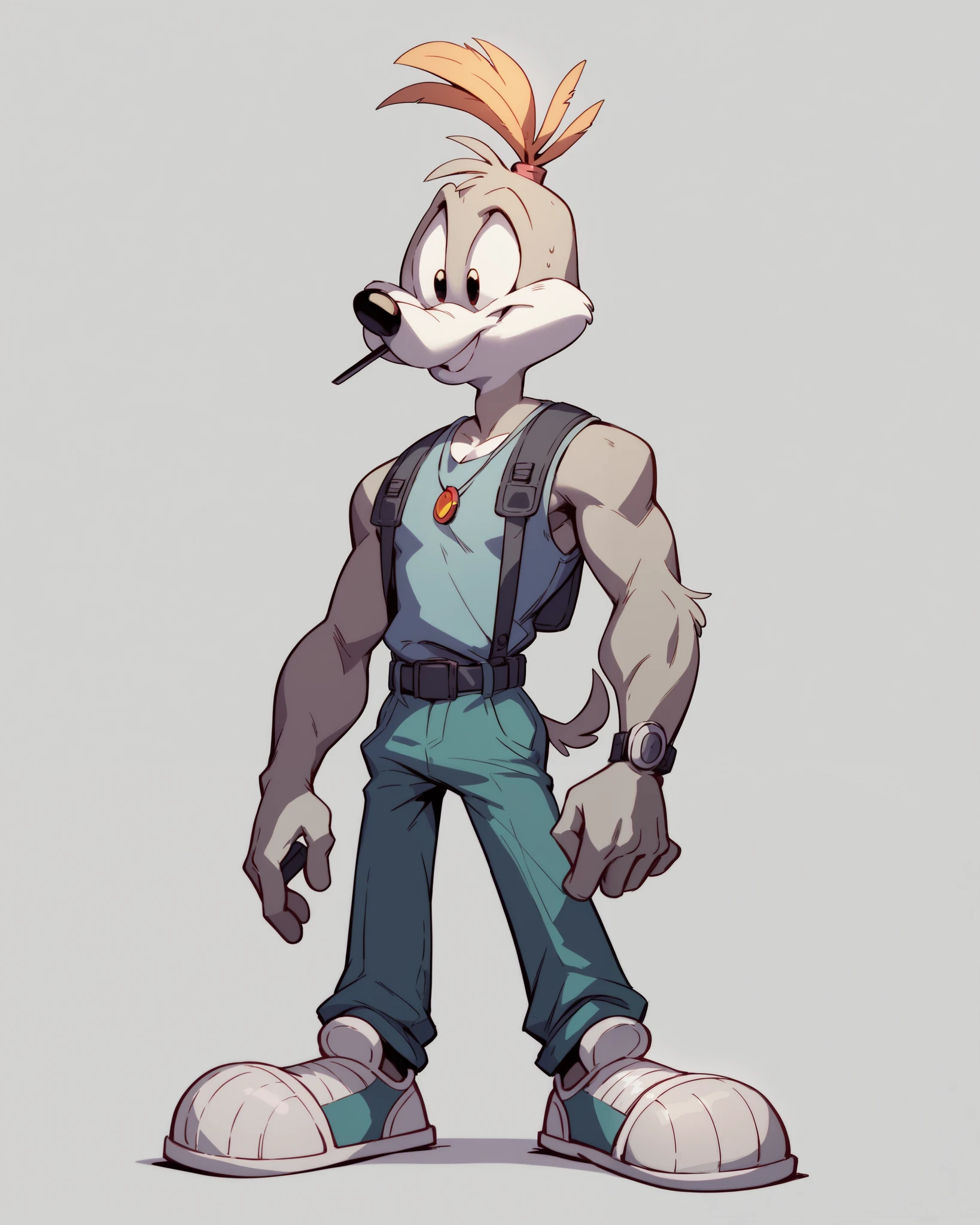 Bulder aka Dune Duster the male dog, earth-themed grey supersuit, full body view, tiny toons style, by diives,