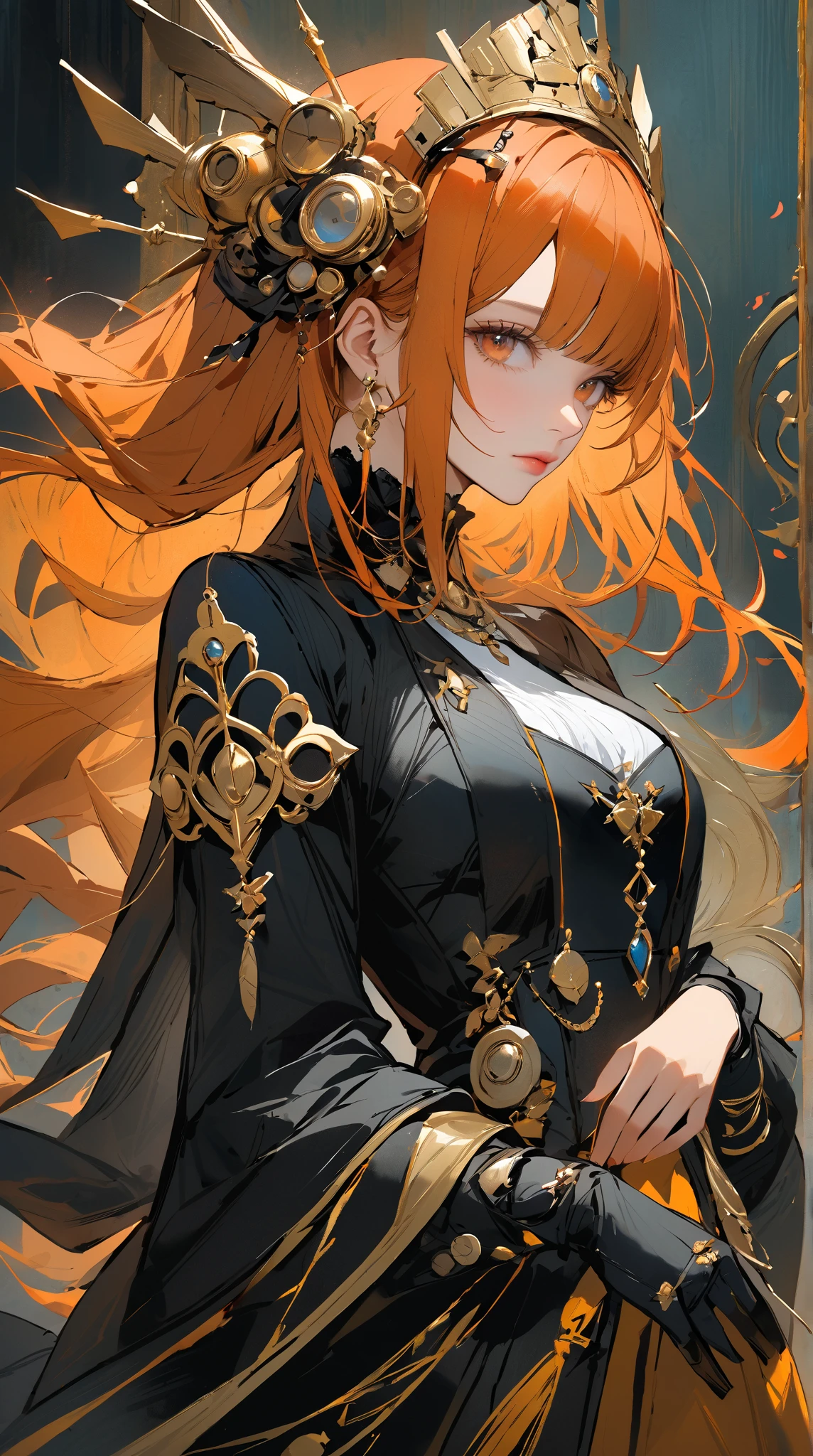 Fluffy long hair　Orange Hair　Yellow Eyes　Sparkling　Kind Face　Drooping eyes　human　Fantasy　Lace clothes　Long sleeve　Adult women