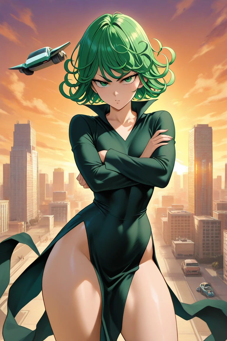 Masterpece, high quality, 1girl, tatsumaki one punch man, green hair, churly hair, green eyes, black wear, black clothes, fullbody, Sexy hentai art, realistic, detail, 8k