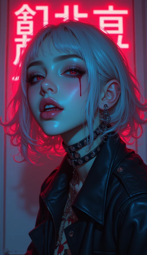 aa portrait of vampire with a bloody tear coming down from he eye, an exotic beautiful female vampire, pink hair color, dynamic hair style, ultra detailed face, best detailed face, silver eye color, ((1single red teardrop: 1.3)), ((tear drop made from blood)), ((teardrop coming down from the eye: 1.3)), small cleavage, wearing two black diamond earrings, Ultra-high resolution, High Contrast, (masterpiece:1.5), highest quality, Best aesthetics), 16K fantasy art, best details, best quality, highres, (ultra wide angle: 1.2), 16k, [ultra detailed], masterpiece, best quality, (extremely detailed), ladyshadow, magical sky, crying style, vampire teeth