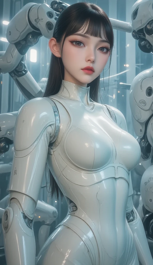 (((masterpiece))), (((best quality))), ((ultra-detailed)), (highly detailed CG illustration), ((an extremely delicate and beautiful)), A mechanical girl, revealing a delicate face and lips, full body, white mecha skeletons, mechanical joints, mechanical limbs, flesh and blood torso, large breasts, behind it seems to have a sun, and the bones have golden patterns