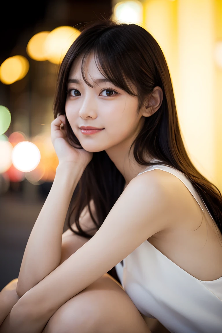 A perfect young female, Chinese,High picture quality,Black hair,Long hair flowing over the shoulders,Blured background, Real Human,CG rendering,16k,depth of field, movie light, Ray tracing, smiles, Close-up shot