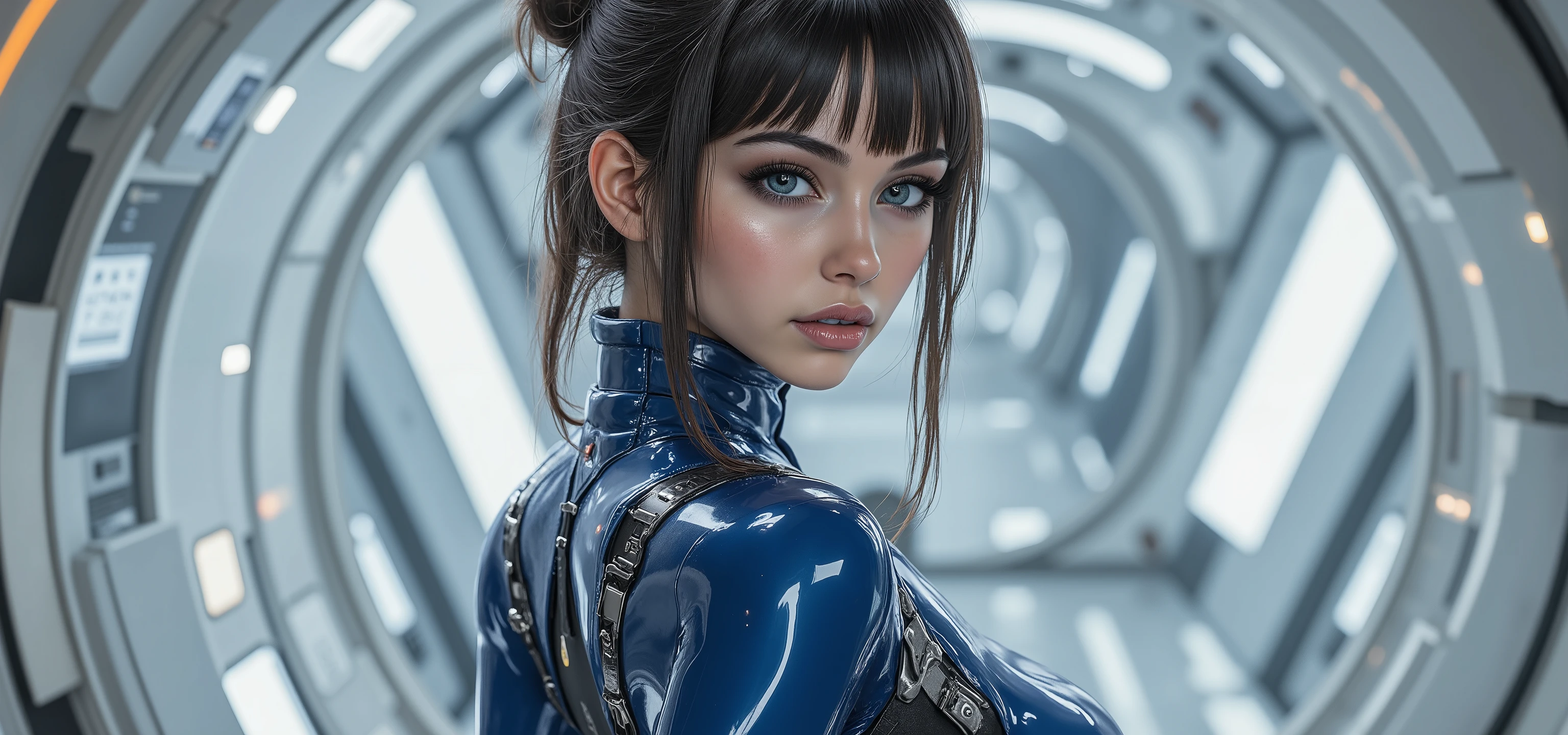 very sharp picture, several beautiful girls,looking at viewer, (( beautiful brazilian model aligned:1.8)),full body view ,(photorealism: 1.4),( hot girl dark brown skin),(complex and realistic skin texture:1.4),dynamic rear view,19years old,insane extremely long blond black hairs fringe, sci-fi,very skinny,very small ass,tight Tight glossy blue white latex combinaison, large cleavage, in a white spaceship ,insane tiny waist and hips,metal large choker, high rise belt, round breast,angelic cute face, white teeth, perfect beauty, perfect eyes render, long eyelashes,large pink lips, (very strong lighting:1.8), hyper realistic and detailed face , blue eyes,(((sharp focus on all bodies:1.8))), 