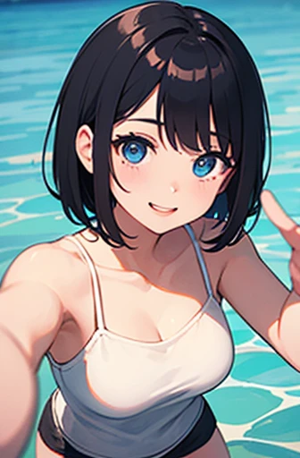 Highest quality、Black Hair、Iris、short hair、girl、cute、16 years old、、Small hair ornament、1 person、Swimwear、Pool Party、There are a lot of people in the background、smile、V sign with right hand、