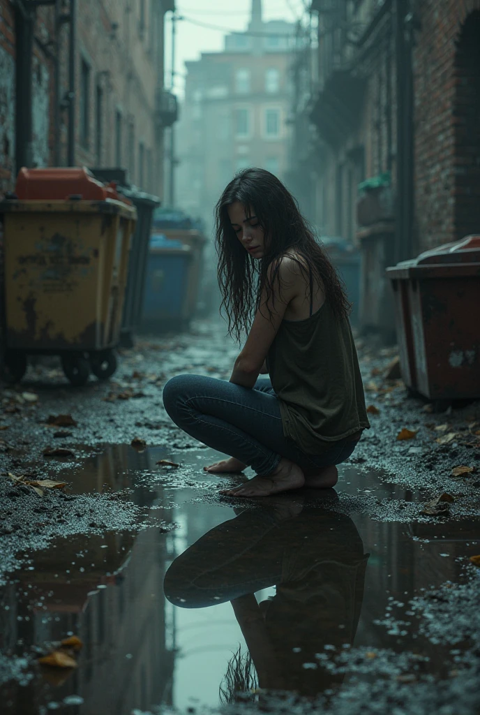 In a  alley, a sad woman contemplates a puddle where her reflection shows her great love, lost between dream and reality.