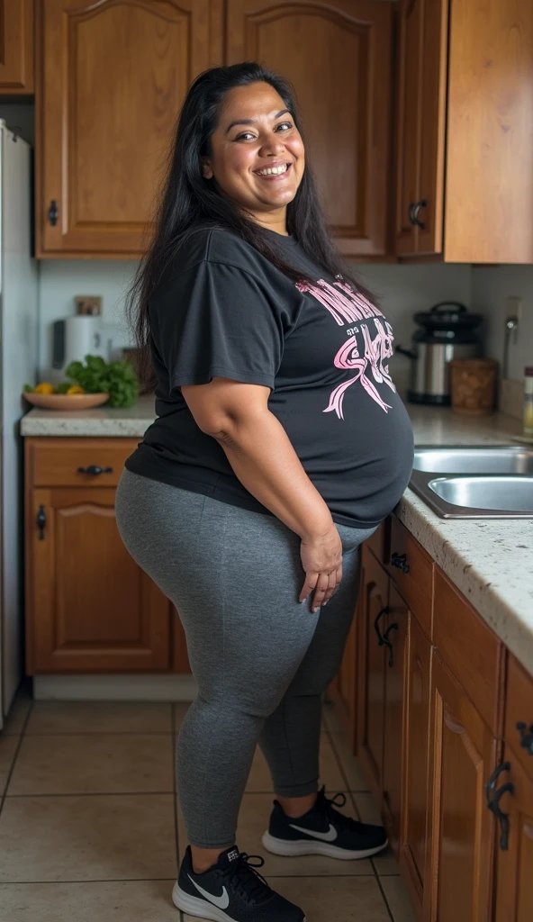 araffe woman in a purple top standing in a kitchen, a picture by Kristin Nelson, tumblr, tachisme, extremely plump, she has a jiggly fat round belly, thicc, powerful and huge, sie boob, sfw huge breasts, covered sfw huge breasts, enormous in size, with a large breasts, breasts covered and sfw and holding a white paper with the name jeph dava