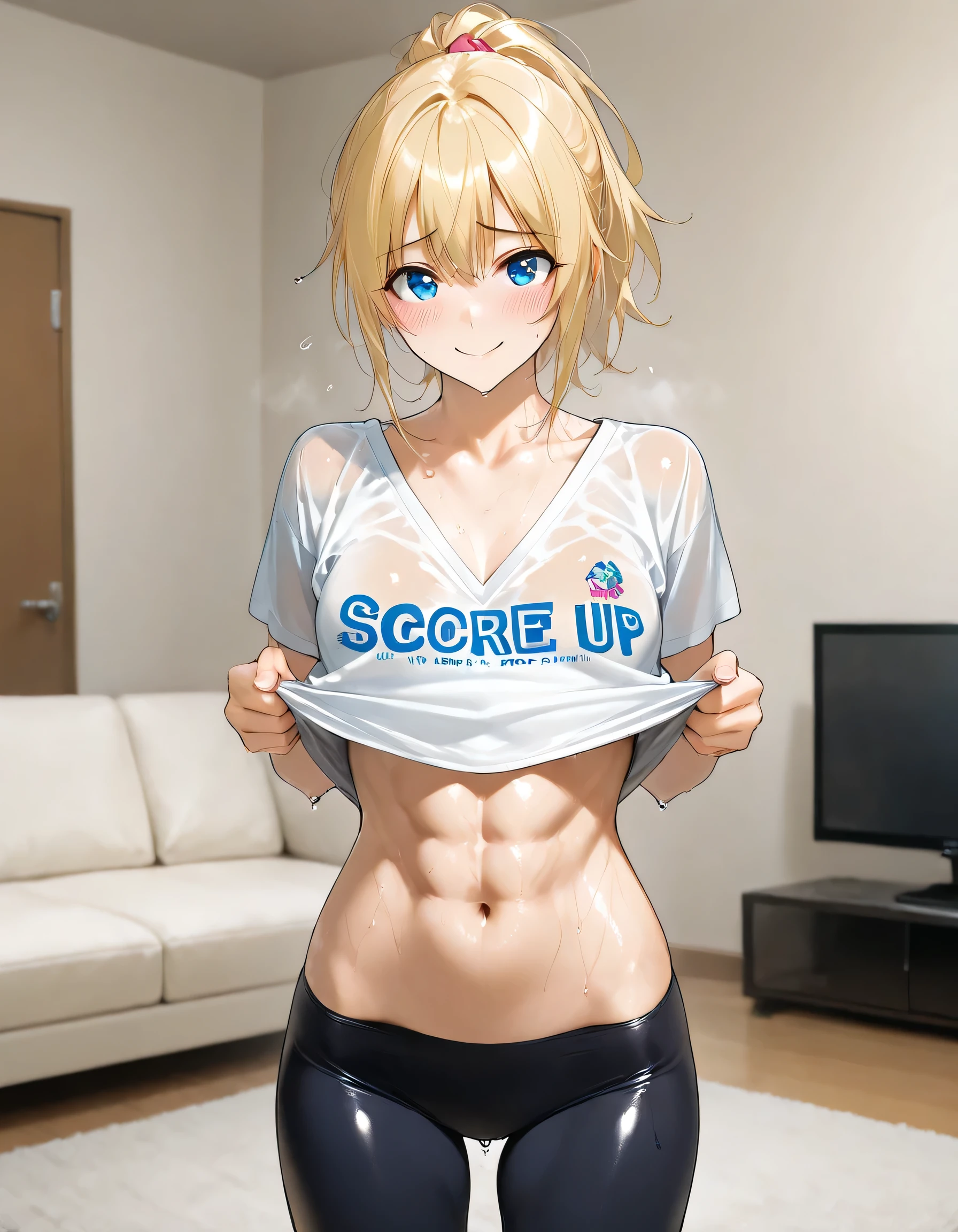 score_9, score_8_up, score_7_up, rating_safe, a irresistible college girl with blonde messy ponytail standing in living room, hands behind back, ideal cute face, ideal slim body, looking at viewer, sexy smile, blush, shy, big blue eyes, wearing oversized v-neck shirt and tight leggings, flashing belly, lifting shirt, holding shirt, navel, abs, very sexy, shiny skin , sweaty, wet, sweat drops