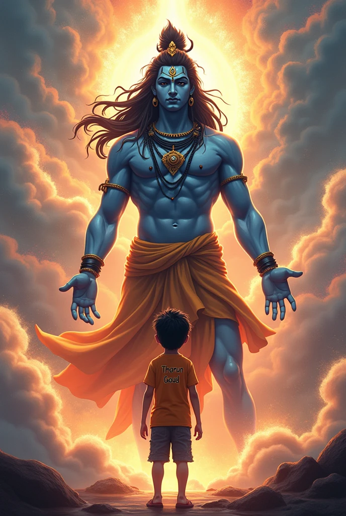 Create image of lord Shiva touching head of a badly crying child and blessing him