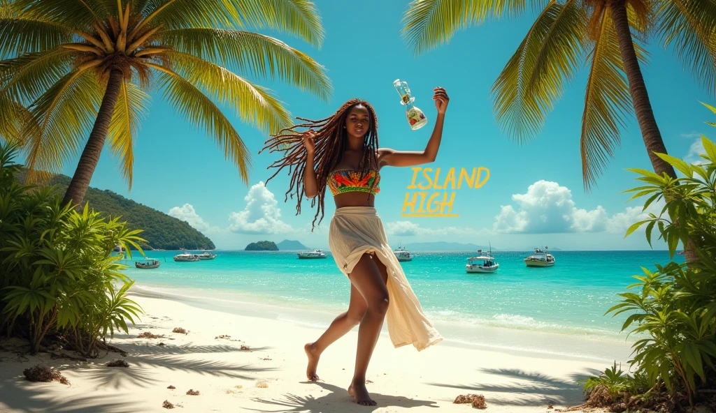 A stylish sign saying JAIL。A cool woman DJing on the beach。Reggae Style