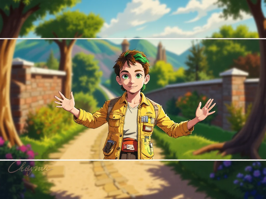 An 11-year-old boy with golden hair, Center-parted hairstyle, a cunning gaze, a slender figure, a fantasy-realistic style blue sleeveless vest with a hood, a yellow-green undershirt, blue jeans, Within a medieval town of fantasy style, this character embodies a finely crafted child with a fantasy-realistic style in anime style, characterized by an exquisite and mature manga illustration art style, full body character drawing, high definition, best quality, highres, ultra-detailed, ultra-fine painting, extremely delicate, professional, anatomically correct, symmetrical face, extremely detailed eyes and face, high quality eyes, creativity, RAW photo, UHD, 8k, Natural light, cinematic lighting, masterpiece-anatomy-perfect, masterpiece:1.5