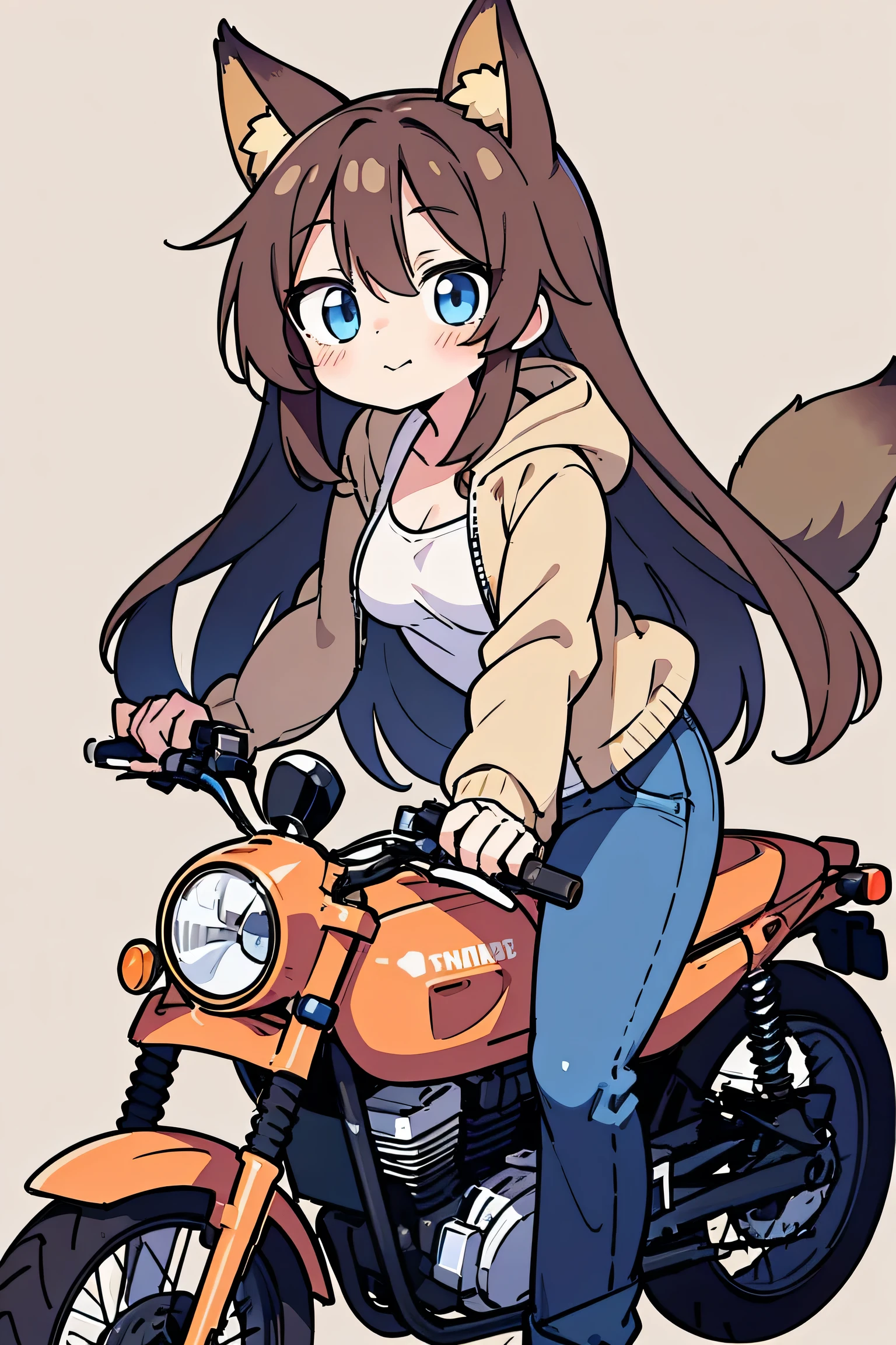 anime style、 cute face、 girls on the left1people、Fox Ears、brown hair、 blue eyes、 long hair、 Beige Jackets 、jeans、riding a motorcycle