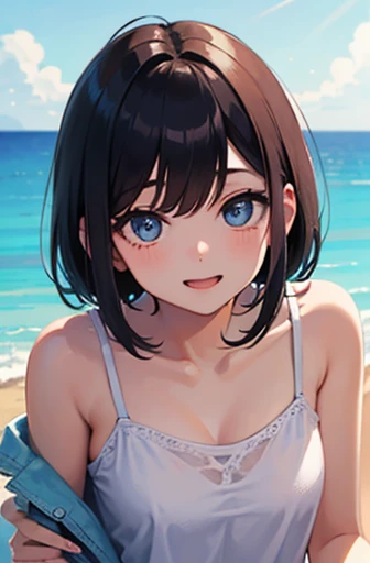 1girl looking at viewer. pov. close up. sitting. brown/black hair. messy hair. (parted hair, parted bangs, no bangs) beautiful face. perfect face. pretty face. white skin. blue eyes. perfect eyes. beautiful eyes. expressive eyes. lipstick. woman. milf. shy. shy smile. blush. perfect breasts. wide hip. very tall. perfect body. bearing hips. close view. black tanktop. sitting on the beach.