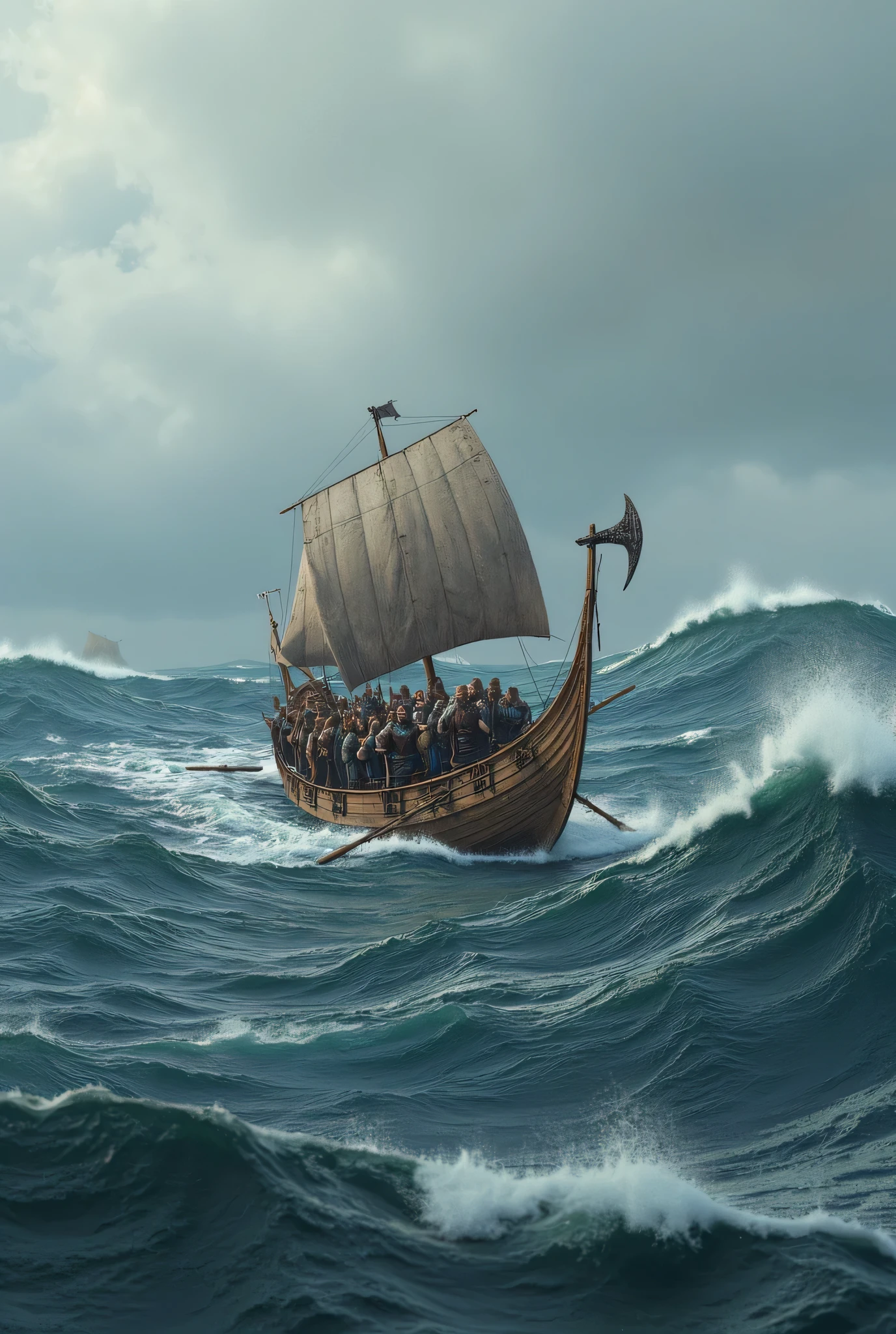 **Prompt:** Design a breathtakingly detailed landscape scene depicting a Viking seafaring navy army navigating the long wooden war boat on the tumultuous waters of the medieval North Sea. Showcase hyper-realism in the composition, featuring a long size Viking long dragon wooden war boat slicing through crashing waves. Capture the action from a panoramic ultra-wide angle to fully immerse the viewer in the dramatic, stormy environment. Illustrate the Viking navy raiders in elaborate, historically-accurate armor, standing in organized battle formation, with intricately crafted battle axes raised in readiness for the impending conflict. Focus on dynamic leading lines within the composition that draw the viewer's gaze across the scene, accentuated by a rich UHD color palette that creates an atmospheric contrast between the roiling sea and the warriors. Pay particular attention to the anatomy of the sailors, highlighting the strength and resolve in their hands as they prepare for battle. As you zoom out, ensure the entire regiment is depicted in all its fierce glory, maintaining a depth of field that amplifies the visual impact. Utilize cutting-edge 3D CGI textures to breathe life into this depiction of Viking valor, creating a visually stunning PiratePunkAi artwork that captures the essence of an epic sea battle.