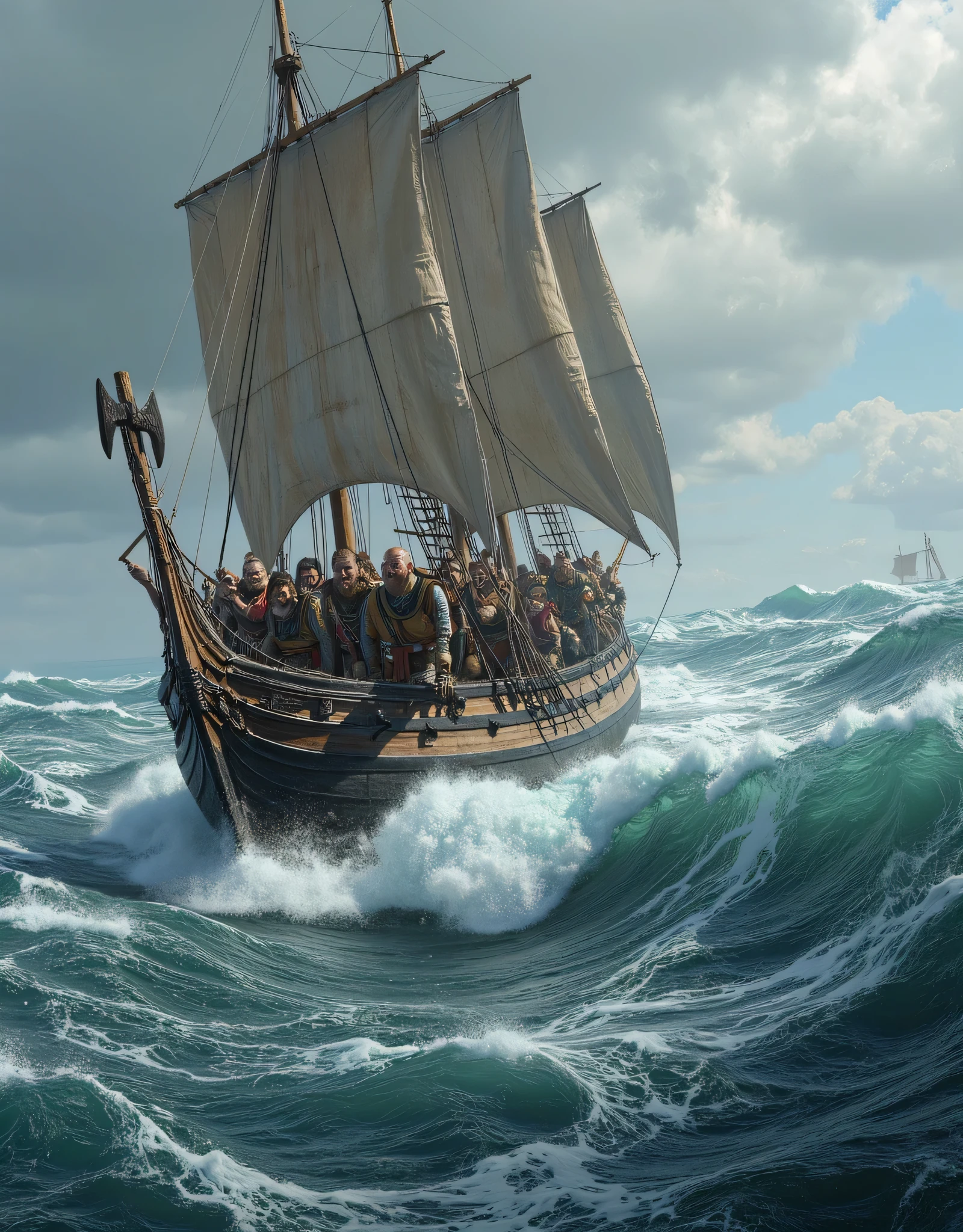**Prompt:** Design a breathtakingly detailed landscape scene depicting a Viking seafaring navy army navigating the long wooden war boat on the tumultuous waters of the medieval North Sea. Showcase hyper-realism in the composition, featuring a long size Viking long dragon wooden war boat slicing through crashing waves. Capture the action from a panoramic ultra-wide angle to fully immerse the viewer in the dramatic, stormy environment. Illustrate the Viking navy raiders in elaborate, historically-accurate armor, standing in organized battle formation, with intricately crafted battle axes raised in readiness for the impending conflict. Focus on dynamic leading lines within the composition that draw the viewer's gaze across the scene, accentuated by a rich UHD color palette that creates an atmospheric contrast between the roiling sea and the warriors. Pay particular attention to the anatomy of the sailors, highlighting the strength and resolve in their hands as they prepare for battle. As you zoom out, ensure the entire regiment is depicted in all its fierce glory, maintaining a depth of field that amplifies the visual impact. Utilize cutting-edge 3D CGI textures to breathe life into this depiction of Viking valor, creating a visually stunning FantasyPunkAi artwork that captures the essence of an epic sea battle.