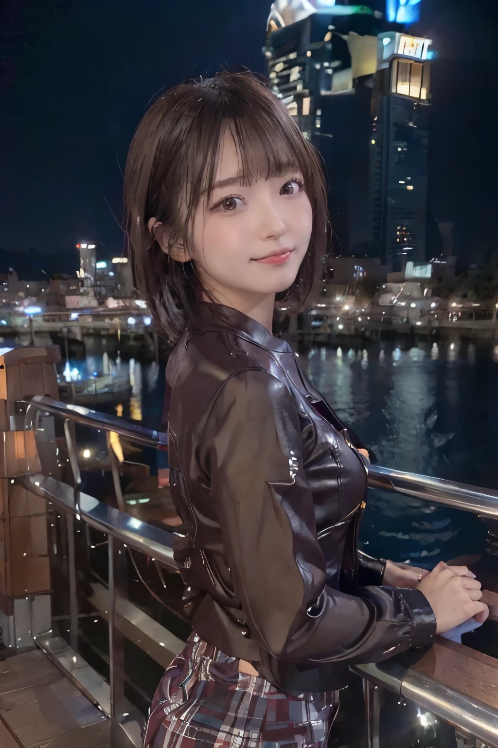 8k, raw photo, best quality, high resolution, realistic, photorealistic, extremely detailed 8k wallpaper, beautifully detailed eyes, finely detailed exquisite face, 
 break 
rim lighting, 
 break 
(porttower), 
night, scenery, water, building, night sky, real world location, outdoors, cityscape, skyscraper, city, city lights, reflection, neon lights, 
 break 
perfectly anatomically correct:1.0, 
 break 
1 female is standing on woody deck, kawaii:1.1, short bob cut:1.0, 
neat office short pant suit, 
symmetrical clear eyes, chocolate color eyes with captivating reflections, wet hair, 
symmetrical face line, stereoscopic projection, 
[round face, rounded jaw, chiseled face, small eyes, wide-set eyes, tareme], 
[looking back viewer], 
pure smile, 
[eighteen], 
 break 
from left side view, from below