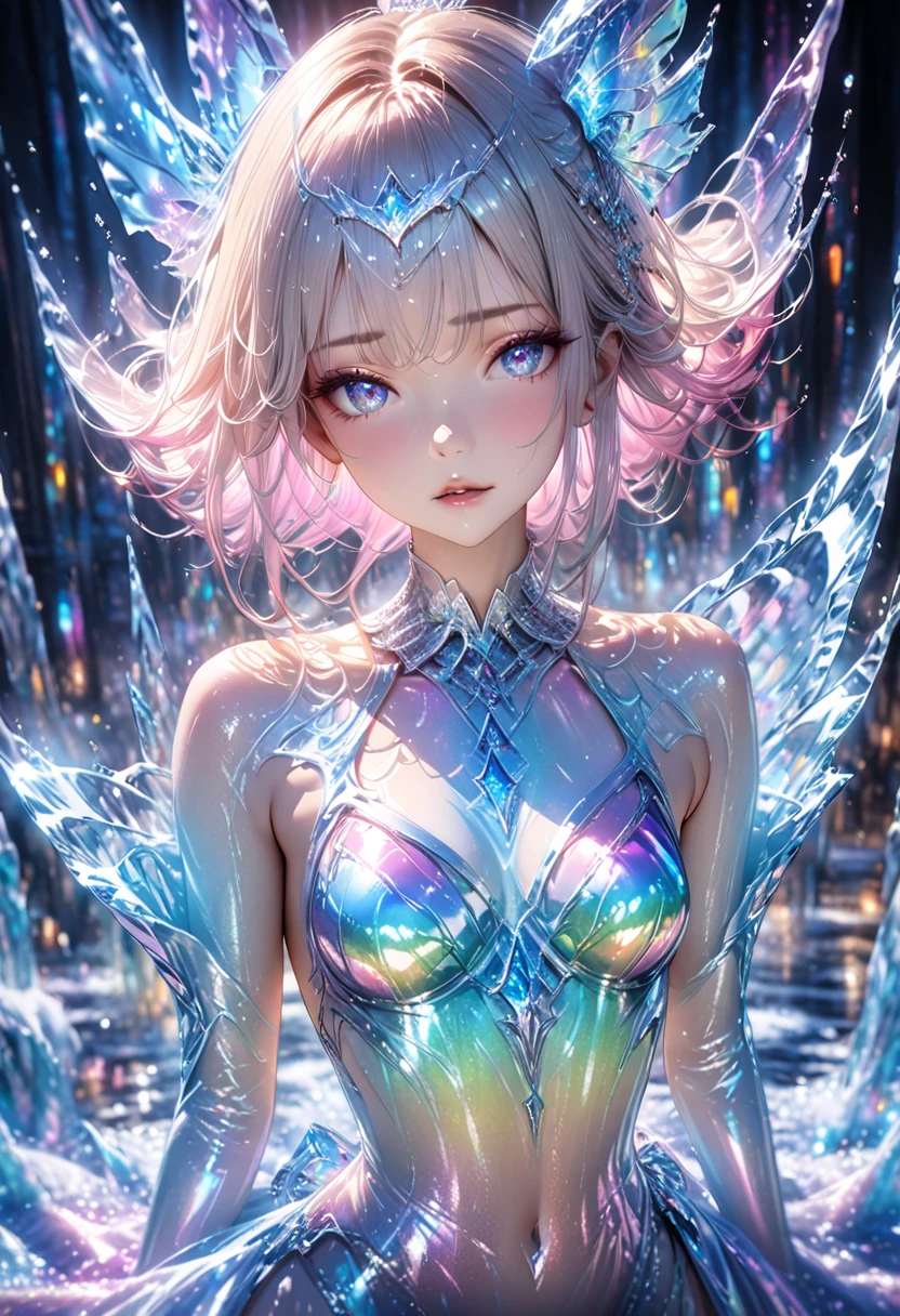 crystal covered, (Full body :1.3), alternate color, masterpiece, detailed illustration, realistic, pixiv top quality, exquisite, {{{kawaii 1girl}}}, ultra beauties who fuse with machines, glitter beautiful female, Half of my body is made of machines, cinematic lighting, dynamic angle, dynamic pose, crystal world, depth of field,Shiny socks,Crystal stockings,Crystal high heels