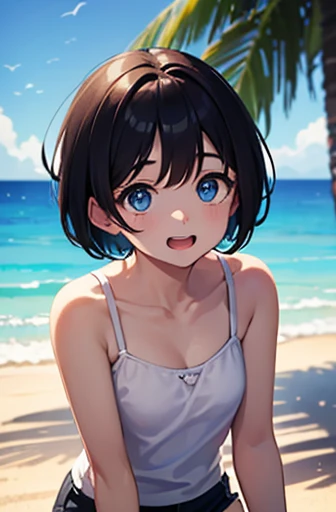 (Pieces fly, Highest quality, High resolution, Ticker, Pixel perfect, Depth of written border, In 4K),
1 Girl, alone, , Beautiful Anime Girls,
View your viewers,
Perfect body,
Apply blush all over the face,
short hair, Black Hair, Blue eyes, big ,
smile, Open your mouth,
frilly white bikini,
Beach, summer,