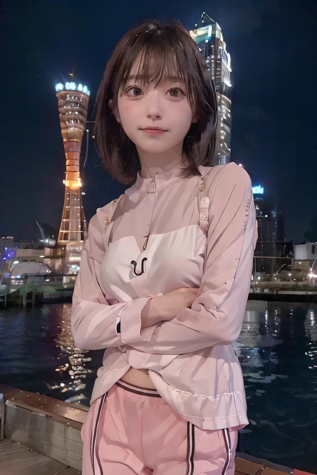 8k, raw photo, best quality, high resolution, realistic, photorealistic, extremely detailed 8k wallpaper, beautifully detailed eyes, finely detailed exquisite face, 
 break 
rim lighting, 
 break 
((porttower)), 
night, scenery, water, building, night sky, real world location, outdoors, cityscape, skyscraper, city, city lights, reflection, neon lights, 
 break 
perfectly anatomically correct:1.0, 
 break 
1 female is standing on woody deck, kawaii:1.1, short bob cut:1.0, 
neat office short pant suit, 
symmetrical clear eyes, chocolate color eyes with captivating reflections, wet hair, 
symmetrical face line, stereoscopic projection, 
[round face, rounded jaw, chiseled face, small eyes, wide-set eyes, tareme], 
pure smile, 
[looking back viewer], 
[eighteen], 
 break 
from left side view, from below