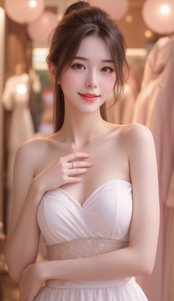 (best quality, masterpiece, Highres, 1girl, blush, (seductive smile: 0.8), star-shaped pupils, necklace, jewelry, pretty face, upon_body, tyndall effect, photorealistic, studio dark, edge lighting, two-tone lighting, (high detailed skin: 1.2), 8k uhd, dslr, soft lighting, high quality, volumetric lighting, candid, portrait, hd, 4k, 8k, bokeh, beautiful dress), rococo style
