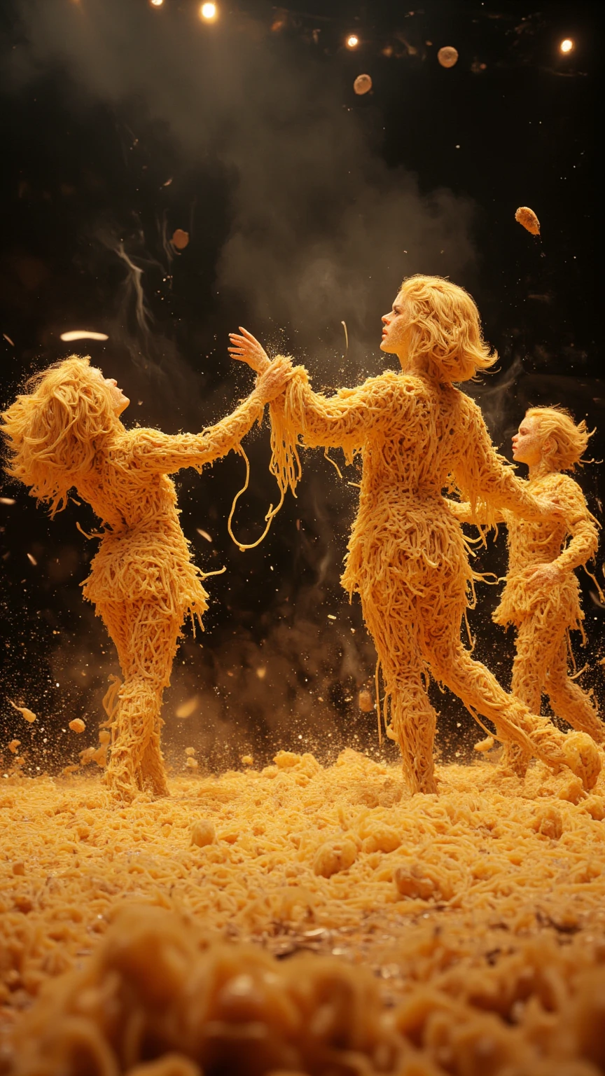 Dancers with humanoid silhouettes crafted entirely from animated pasta ...
