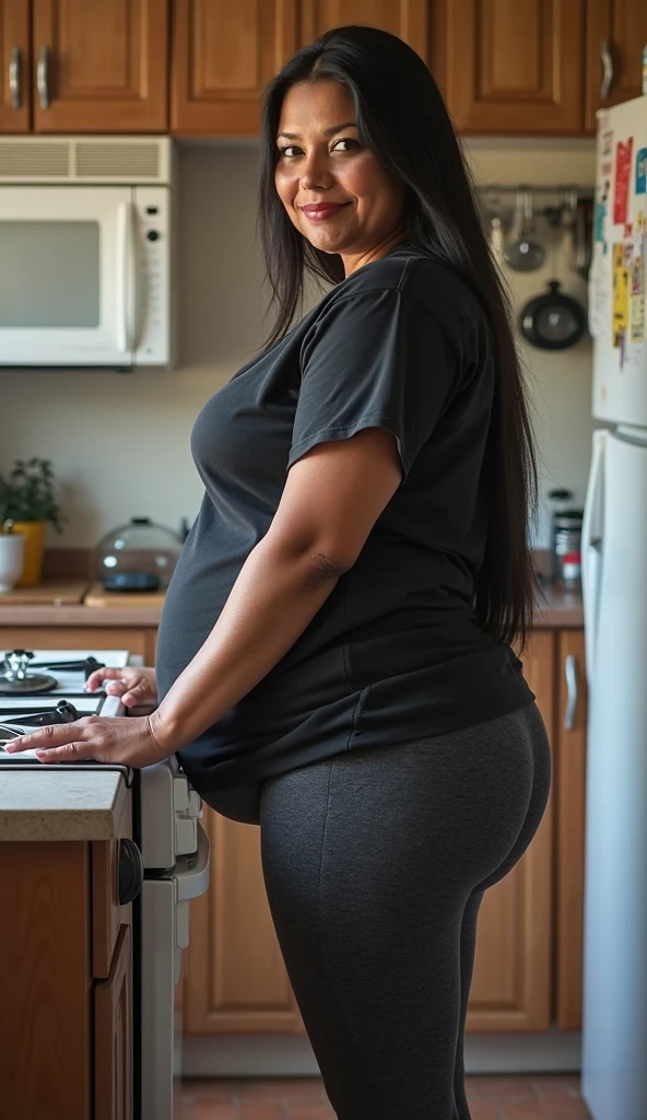 black woman, chubby, in the kitchen, depth of field, bokeh, mature, beautiful, high quality, photo, realistic, 1girl, female