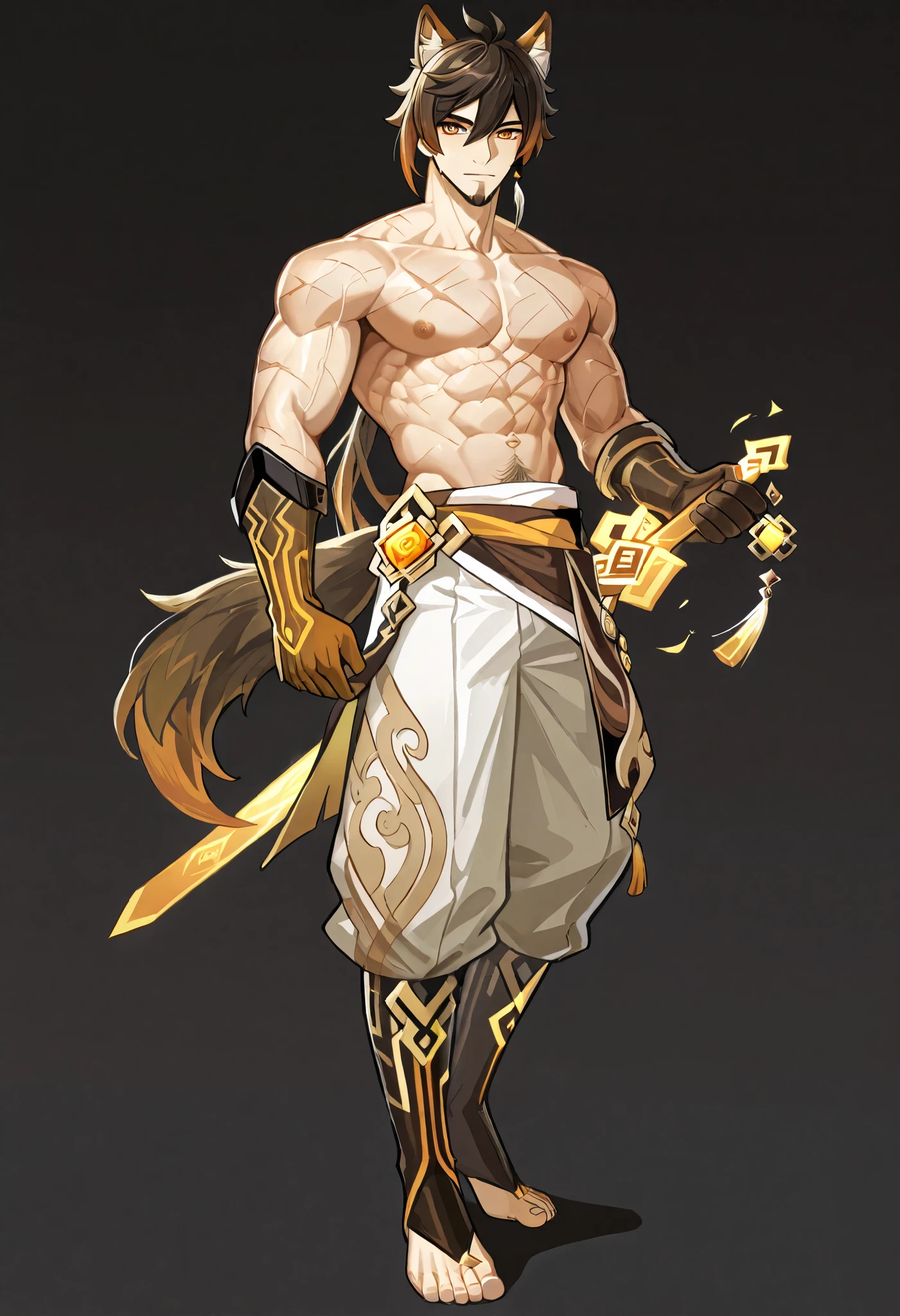 a close up of a person with a sword and a sword, keqing from genshin impact, zhongli from genshin impact, genshin impact character, genshin, skinny male fantasy alchemist, human male character art, genshin impact style, handsome guy in demon slayer art, desert fighter ancient mage, g liulian art style, heise jinyao, muscle, mature male, body hair, bare chest, topless, mature male, elder, dark hair, muscle body, hunky, bare chest, (half naked), beard, wolf ears, wolf tail, many scar on his body, scar,