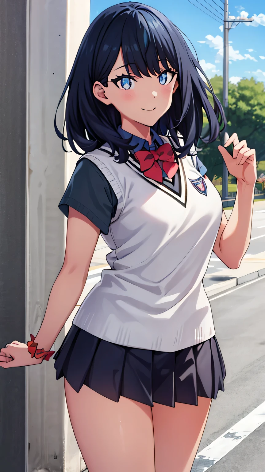 {{{masterpiece}}}, (best quality:1.5), (ultra-detailed:1.5), {illustration}, {{an extremely delicate and beautiful}}, (beautiful detailed eyes:1.6), absurdres, highres, extremely detailed face, 16k, hd, visual anime de uma jovem mulher, extremamente bonito rosto de anime, anime melhor garota, (perfect hands, perfect anatomy), anime face, Rikka, rikka takarada(SSSS.Gridman), cute face, 1girl, solo, black hair, medium hair, sidelocks, blue eyes, (High resolution eyes, Beautiful eyes, Light in the eyes), medium breasts, big hips, curvaceous, plump thighs, BREAK, white vest, black shirt, short sleeve, black sleeves, collared shirt, red bowtie, orange wrist scrunchie, (black skirt, microskirt, pleated skirt), thighs, red socks, crew socks, black footwear, BREAK, standing, smiling, outdoor, sky, public park, reaching out a hand