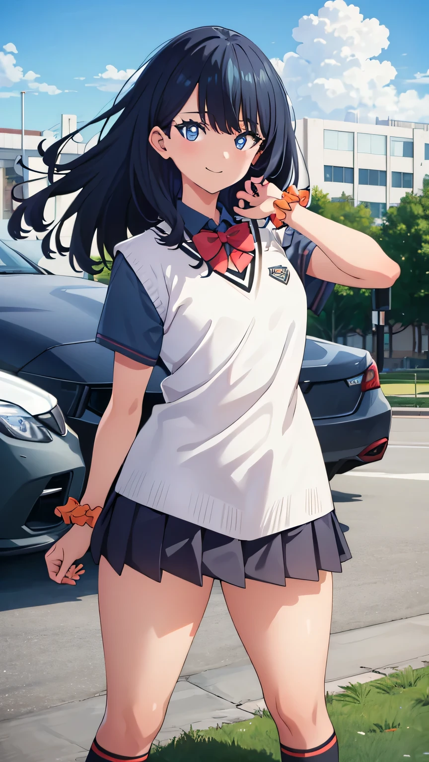 {{{masterpiece}}}, (best quality:1.5), (ultra-detailed:1.5), {illustration}, {{an extremely delicate and beautiful}}, (beautiful detailed eyes:1.6), absurdres, highres, extremely detailed face, 16k, hd, visual anime de uma jovem mulher, extremamente bonito rosto de anime, anime melhor garota, (perfect hands, perfect anatomy), anime face, Rikka, rikka takarada(SSSS.Gridman), cute face, 1girl, solo, black hair, medium hair, sidelocks, blue eyes, (High resolution eyes, Beautiful eyes, Light in the eyes), medium breasts, big hips, curvaceous, plump thighs, BREAK, white vest, black shirt, short sleeve, black sleeves, collared shirt, red bowtie, orange wrist scrunchie, (black skirt, microskirt, pleated skirt), thighs, red socks, crew socks, black footwear, BREAK, standing, smiling, outdoor, sky, public park, reaching out a hand