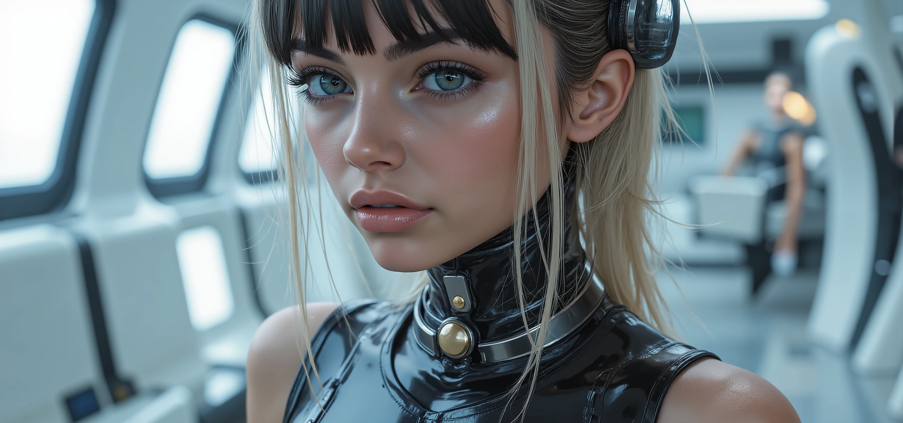 very sharp picture, several beautiful girls,looking at viewer, (( beautiful brazilian model aligned:1.8)),full body view ,(photorealism: 1.4),( hot girl dark brown skin),(complex and realistic skin texture:1.4),dynamic rear view,19years old,insane extremely long blond black hairs fringe, sci-fi,very skinny,very small ass,tight Tight glossy blue white latex combinaison, large cleavage, in a white spaceship ,insane tiny waist and hips,metal large choker, high rise belt, round breast,angelic cute face, white teeth, perfect beauty, perfect eyes render, long eyelashes,large pink lips, (very strong lighting:1.8), hyper realistic and detailed face , blue eyes,(((sharp focus on all bodies:1.8))), 