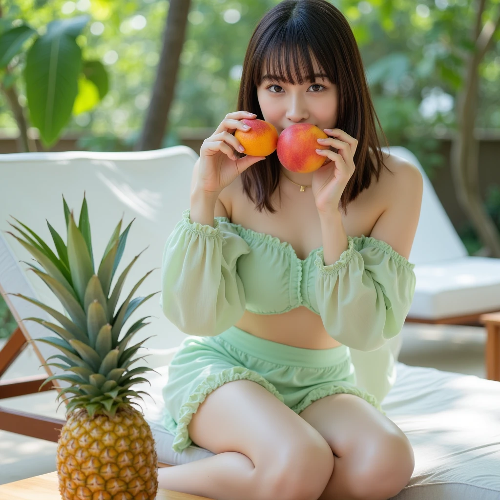 masterpiece、top-quality、realisitic、Photorealsitic、Fruit-themed paradise、Japan woman in fruit sexy swimsuit、Teen、eating fruit、Surrounded by a lot of fruits、Fruit Tower、Bright décor、A smile、Joy、dynamic ungle、动态照明