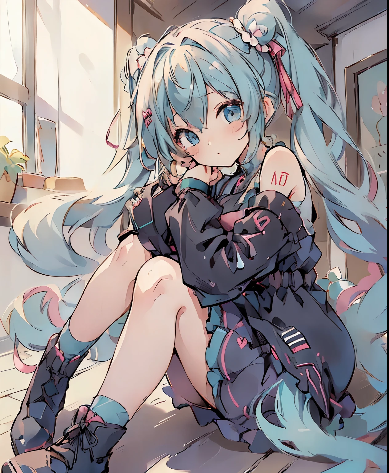 ( masterpiece、Highest quality、Highest quality、Official Art、 beautiful and beautiful :1.2)、(one girl:1.3) Hatsune Miku、twin tails,beautiful breasts, cute女の子,cute, scrunchie ,(:0.8),, ( tempts, Suggestive:0.9), , tube top,, ( from the front , viewers:1.2), upper body, Black Gal, chibi, (*********)