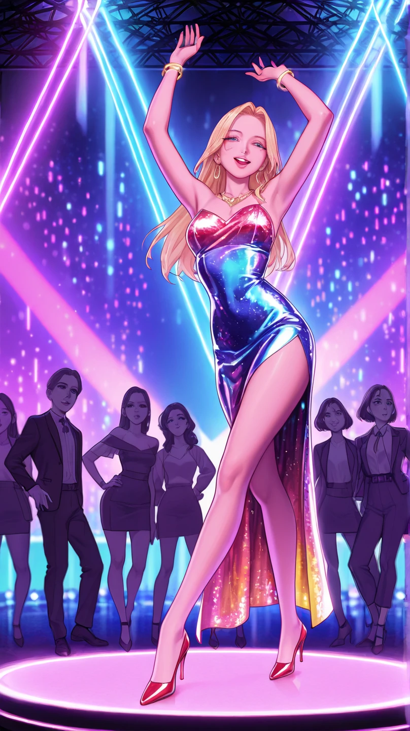 Barbie, Saturday Night Fever, (Pink lame business suit, PINK SHIRT,Pink Bell Bottom), mirror ball, disco, Dancing, Dancing Queen, high-heels, Long Blonde Hair, Wavy Hair, Gorgeous atmosphere, Glitter, dance floor, Intricate details of the atmosphere, Detailed legs, Detailed hand,Detailed finger,(8K, 16 K, Super Detail), high details, Best Quality:1.2, hight resolution, High quality, masutepiece:1.4