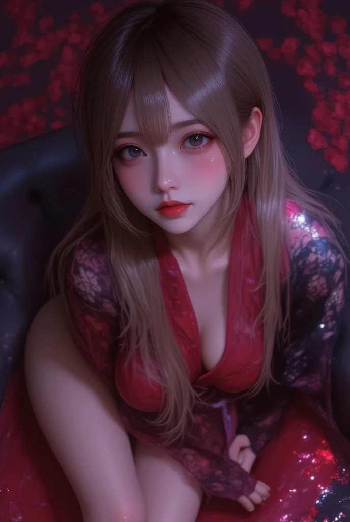 beautiful woman,long red satin dress,translucent,vey long,red,beautiful detailed eyes,beautiful detailed lips,extremely detailed eyes and face,longeyelashes,bondage,sexual,erotic,provocative,submissive,alluring,dominant,dark background,studio lighting,hair flowing,curves,body language,sensual,feminine,endless legs,seductive,confident,empowered,subtle lighting,colorful,boudoir photography,high contrast,vibrant colors,soft focus,tape bondage