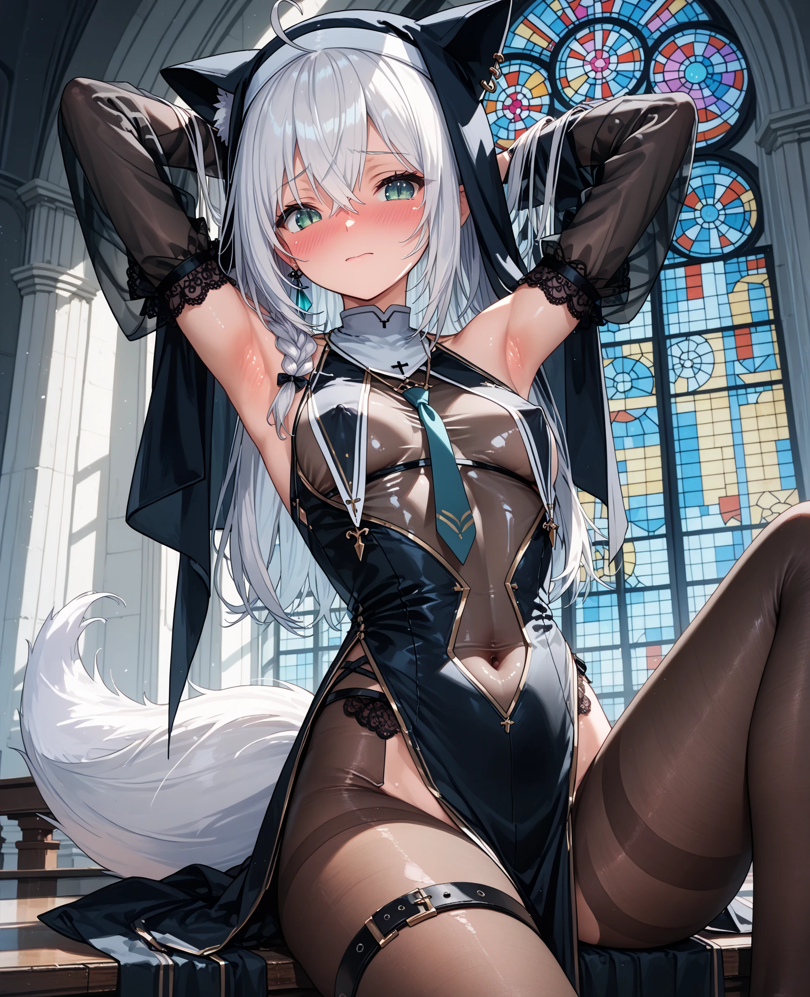 (masterpiece:1.2), (Highest quality:1.2), Perfect Eyes, Perfect Face, Perfect lighting, middle ages, room, One person, Aqua Eye, ((((((Hair on one eye,)))))), Braidingスタイル, Spiked Hair, Blunt bangs, black_Bob Hair, Braiding, Ahoge, Robe ((((Transparent white bikini armor)))), Knee socks, Cute eyes, Mid-chest, bright, (Open_feet:1.3), Open your mouth, Vivid depiction,orgasm, I was scared, (Abdominal muscles:0.6) Ahegao, smile+Happy, teeth, anger, Sitting,Craning,Away_feet,Wolf_ear,tooth,Wolf_tail,share,share間,rise_knees