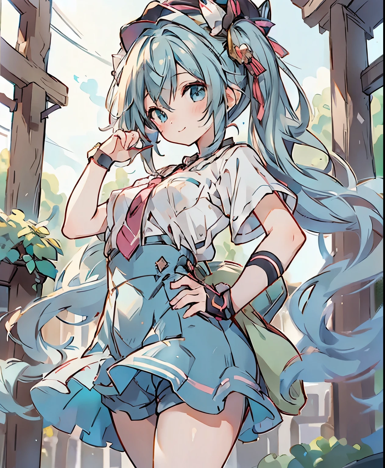 ( masterpiece、Highest quality、Highest quality、Official Art、 beautiful and beautiful :1.2)、(one girl:1.3) Hatsune Miku、twin tails,beautiful breasts, cute女の子,cute,(masterpiece, Highest quality, very aesthetic, super precise), complicated details, 4K, anime style, aa Subaru, short hair, cap, backward hat , breast, clavicle, clock, whistle around the neck, Vertical striped shirt, shirt with tie, short sleeve, wristband , white shorts, smile, place your hands on your hips, outdoor, street, cowboy shot