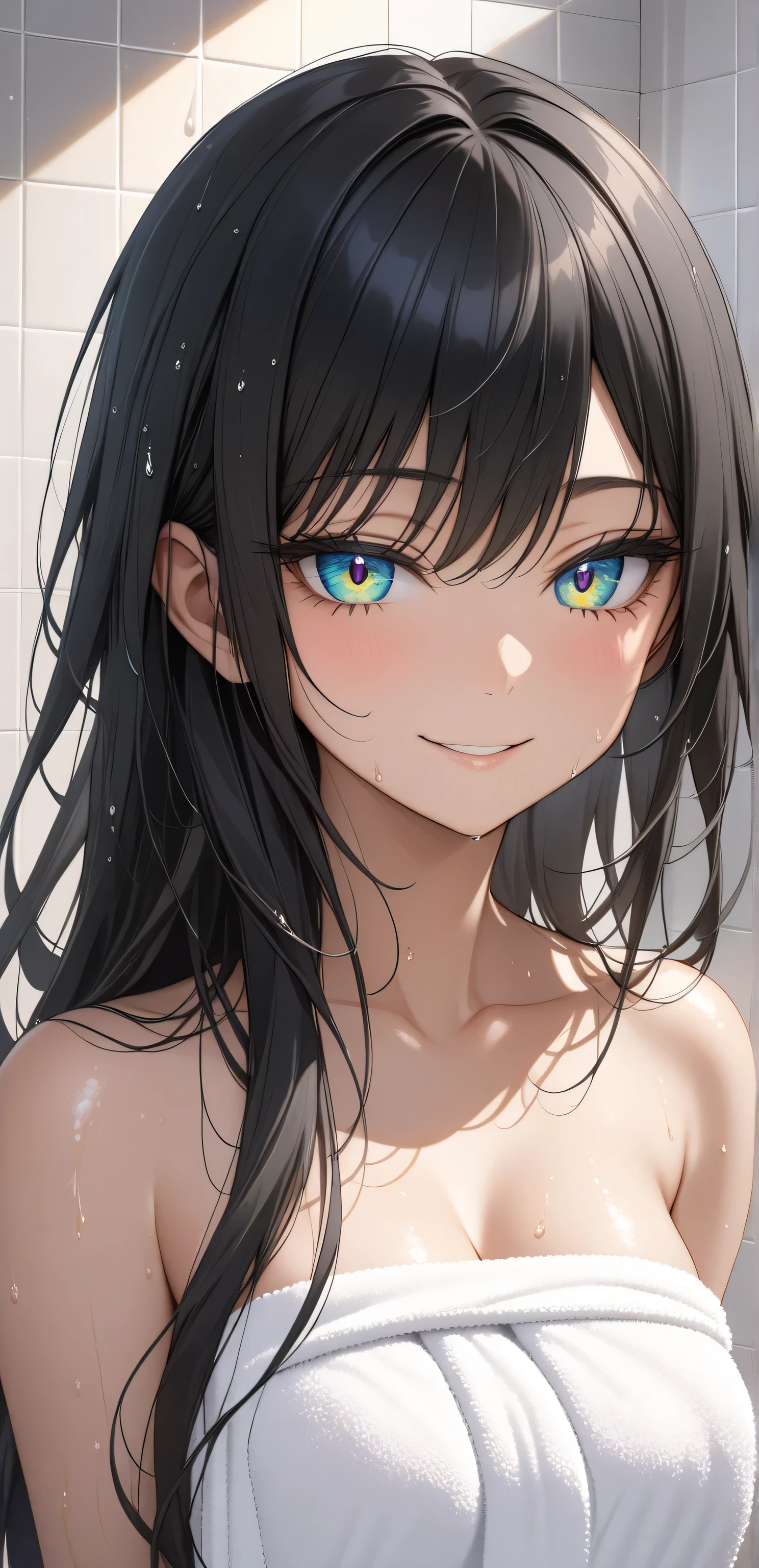 close up, upper body, Random Sexy pose , ((Ultra detailing)), ((very aesthetic, best quality, ultra detailed)), intricate details, 1girl, ((long hair, Black hair, massy hair,)), ((Multi colour eyes)), ((Detailed eyes)), ((Beautifull eyes)), ((prefect eyes)), ((Ultra detailing eyes)) ,Medium breast, sharp jawline, sexy smile,((Body towel)), Bath room, wet
