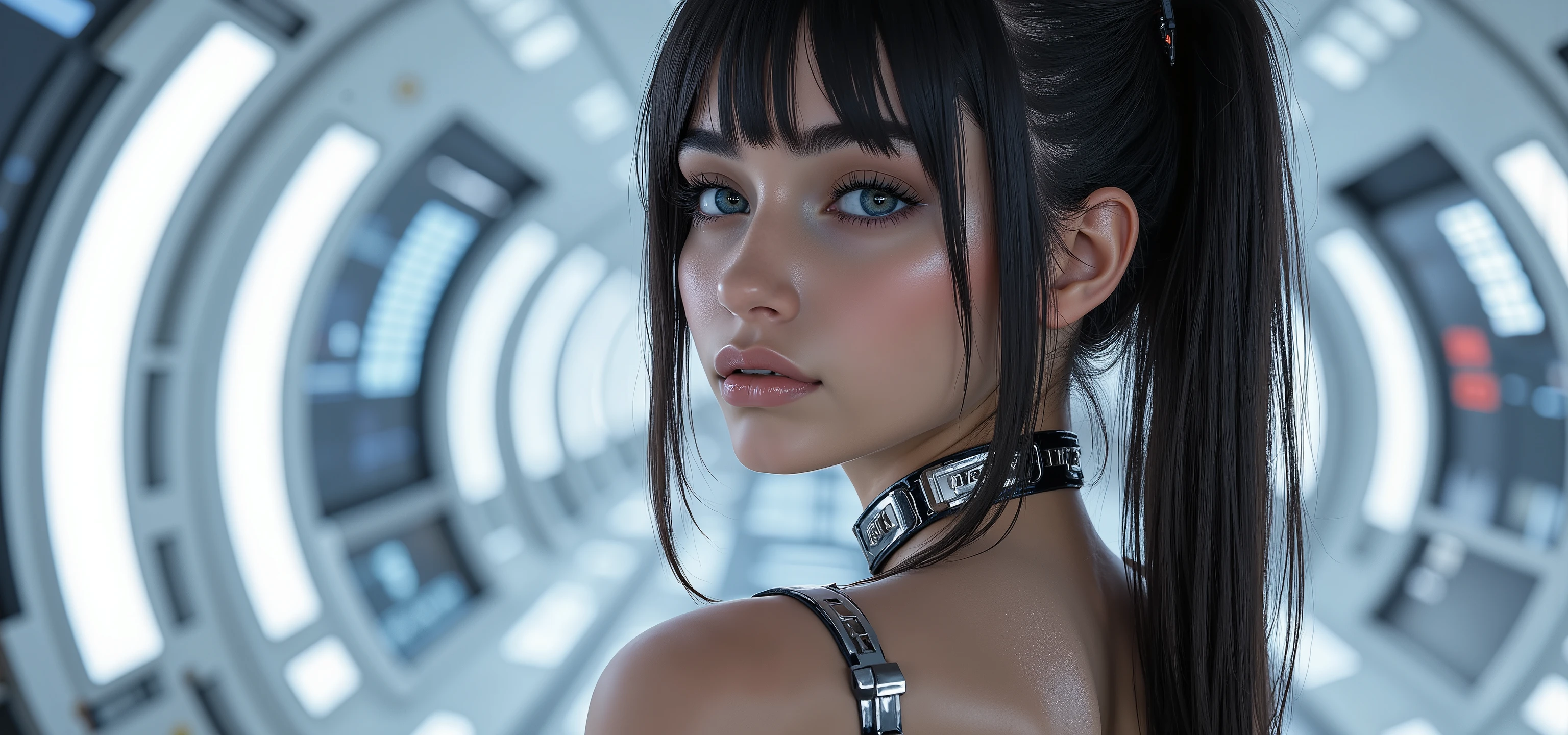 very sharp picture, several beautiful girls,looking at viewer, (( beautiful brazilian model aligned:1.8)),full body view ,(photorealism: 1.4),( hot girl dark brown skin),(complex and realistic skin texture:1.4),dynamic rear view,19years old,insane extremely long blond black hairs fringe, sci-fi,very skinny,very small ass,tight Tight glossy blue white latex combinaison, large cleavage, in a white spaceship ,insane tiny waist and hips,metal large choker, high rise belt, round breast,angelic cute face, white teeth, perfect beauty, perfect eyes render, long eyelashes,large pink lips, (very strong lighting:1.8), hyper realistic and detailed face , blue eyes,(((sharp focus on all bodies:1.8))),
