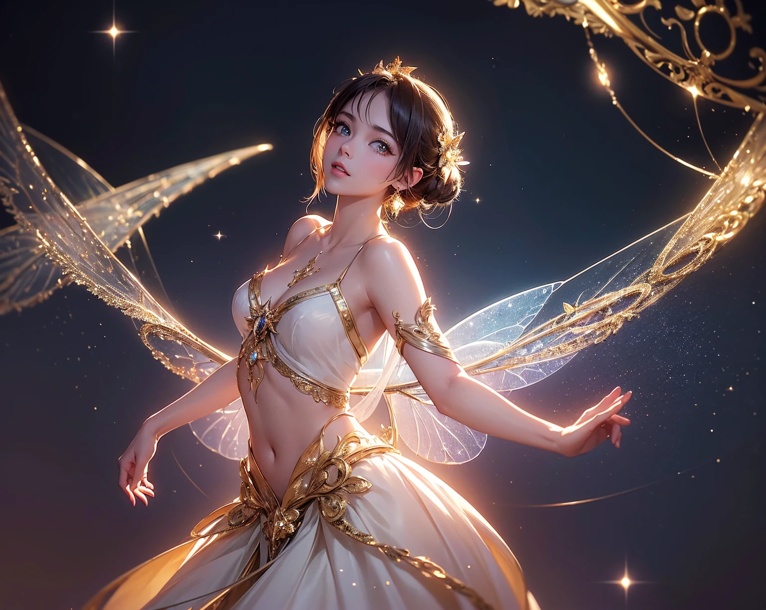 a young asian girl, wearing pink golden transparent dress, full body, ribbon on hair, stunning 3d render of a fairy, pixie character, portrait of a fairy, beautiful fairy, portrait of fairy, magical fairy background, beeple and jeremiah ketner, space flower fairy, cute 3 d render, faerie, adorable digital painting, beautiful render of a fairytale